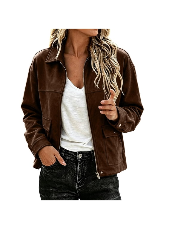 Womens Fall Jacket Lapel Long Sleeve Lined Solid Color Outerwear Casual Zip Up Vintage Tops with Pockets