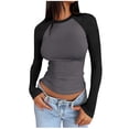 thumbnail image 1 of cocolona Womens Fall Patchwork Tops Crew Neck Slim Fit Cropped Shirts Casual Long Sleeve Pullover Basic Layer Tees, 1 of 5