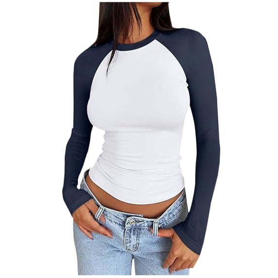 cocolona Womens Fall Patchwork Tops Crew Neck Slim Fit Cropped Shirts Casual Long Sleeve Pullover Basic Layer Tees