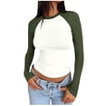 thumbnail image 1 of cocolona Womens Fall Patchwork Tops Crew Neck Slim Fit Cropped Shirts Casual Long Sleeve Pullover Basic Layer Tees, 1 of 6