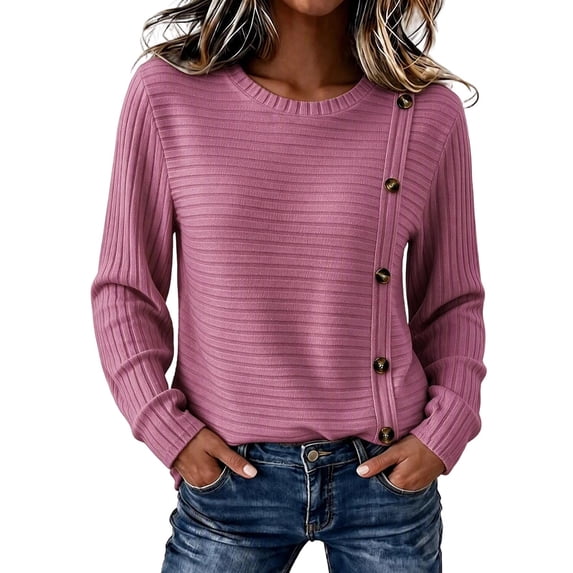 cocolona Womens Fall Sweater Plus Size Long Sleeve Decorative Buckle Crew Neck Sweaters