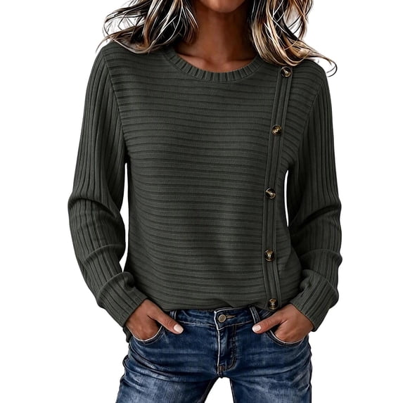 cocolona Womens Fall Sweater Plus Size Long Sleeve Decorative Buckle Crew Neck Sweaters