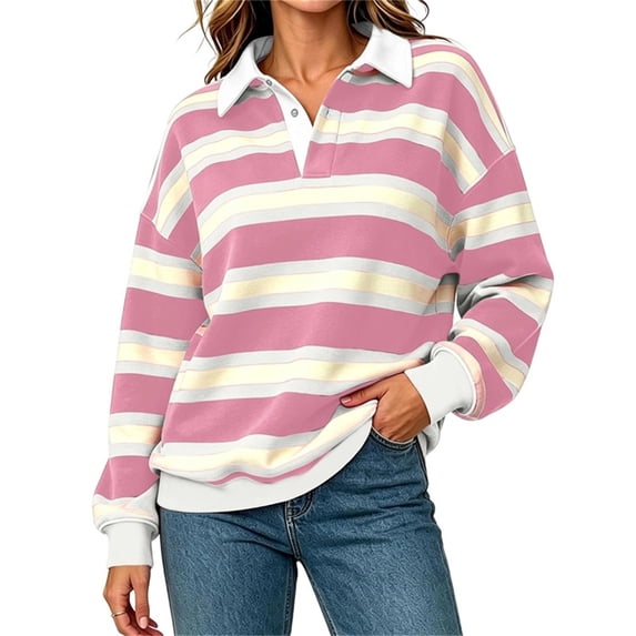 cocolona Womens Fall Sweatshirts Lapel Button Down Long Sleeve Shirts Striped Loose Casual Pullover Tops