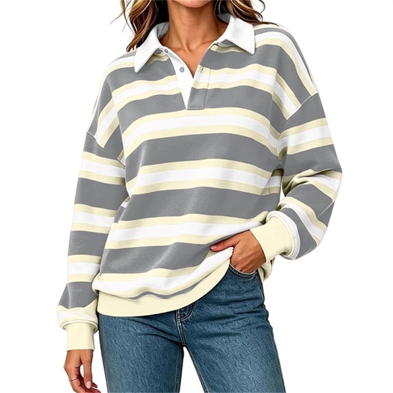 cocolona Womens Fall Sweatshirts Lapel Button Down Long Sleeve Shirts Striped Loose Casual Pullover Tops
