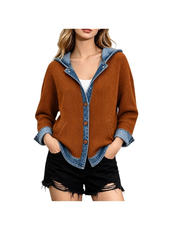 Womens Fall Trendy Cardigan Denim Patchwork Knit Long Sleeve Jacket Hooded Button Down Loose Outerwear