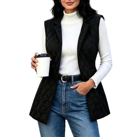cocolona Womens Fall Winter Quilted Vest Lapel Open Front Sleeveless Tunic Jacket Solid Color Casual Lightweight Tops