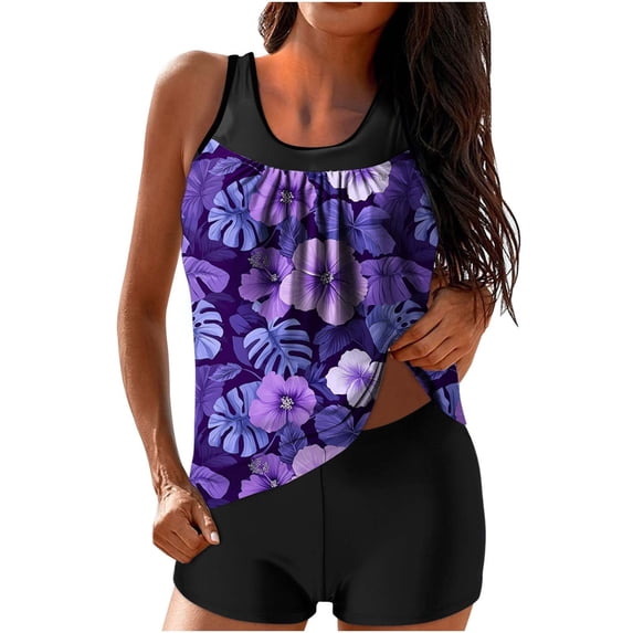 cocolona Womens Fashion Loose Fit Floral Print Modest Bathing Suits Two Piece Tankini Swimsuits with Shorts