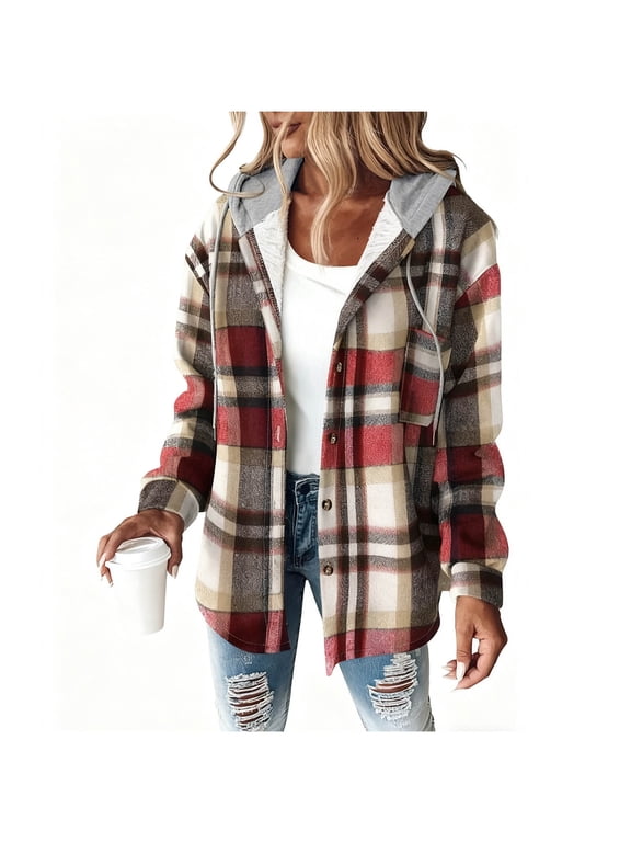 Womens Flannel Jacket Plaid Shacket Fall Winter Casual Long Sleeve Fleece Warm Hooded Coats Outwear