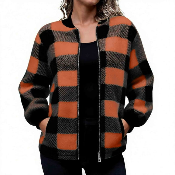 cocolona Womens Flannel Jackets Fall Winter Fuzzy Fleece Jacket Coats Long Sleeve Zipper Thicken Warm Plaid Jacket with Pocket