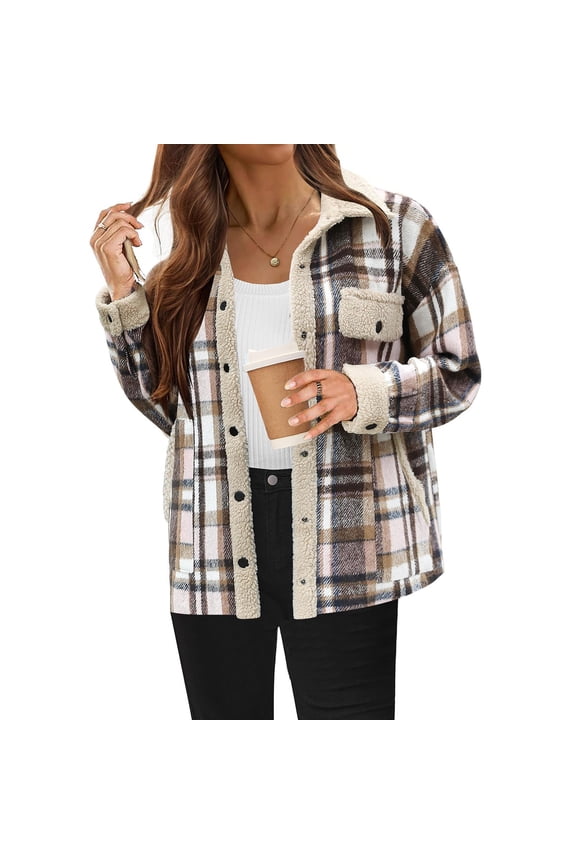 Womens Flannel Plaid Shirts Turn-down Collar Long Sleeve Casual Jacket Winter Fleece Warm Outwear Coats with Pockets