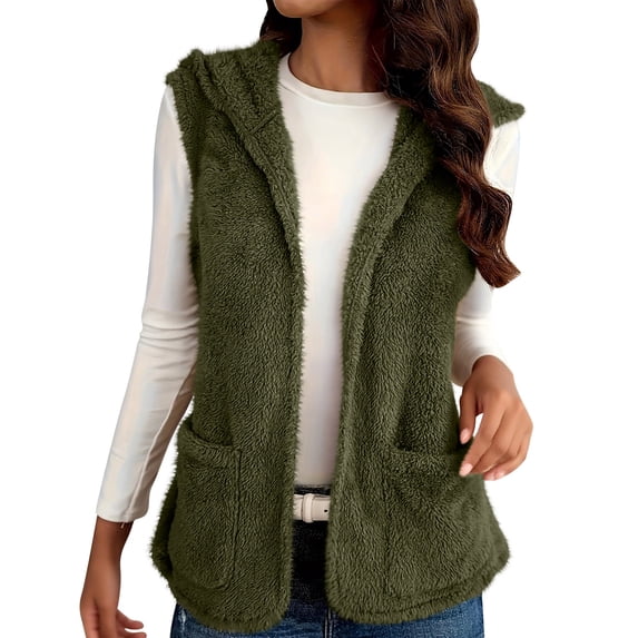 cocolona Womens Fleece Hooded Vest Casual Sleeveless Open Front Cardigan Sweaters Fall Winter Fuzzy Warm Jacket Coats with Pockets