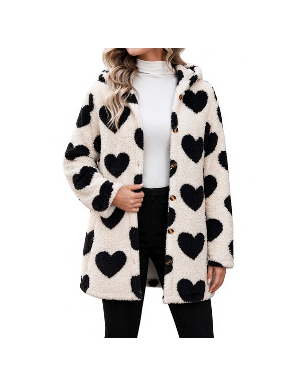 Womens Fleece Jacket Heart Printed Hooded Long Sleeve Warm Coat Casual Loose Button Down Winter Outerwear