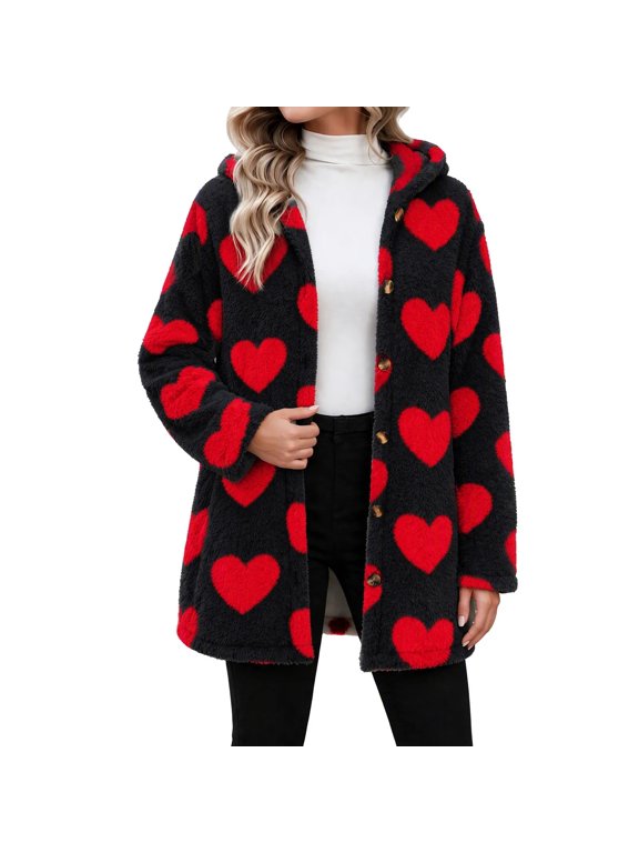 Womens Fleece Jacket Heart Printed Hooded Long Sleeve Warm Coat Casual Loose Button Down Winter Outerwear
