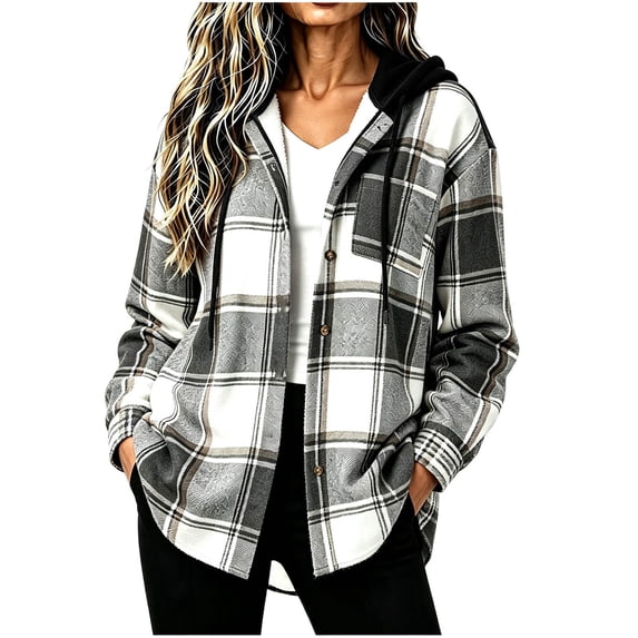 cocolona Womens Fleece Jackets Plaid Shacket Casual Long Sleeve Flannel Jacket Fall Winter Warm Hooded Coats with Pockets