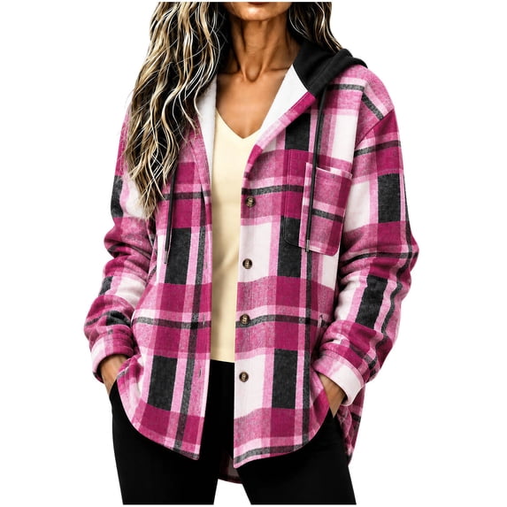 cocolona Womens Fleece Jackets Plaid Shacket Casual Long Sleeve Flannel Jacket Fall Winter Warm Hooded Coats with Pockets