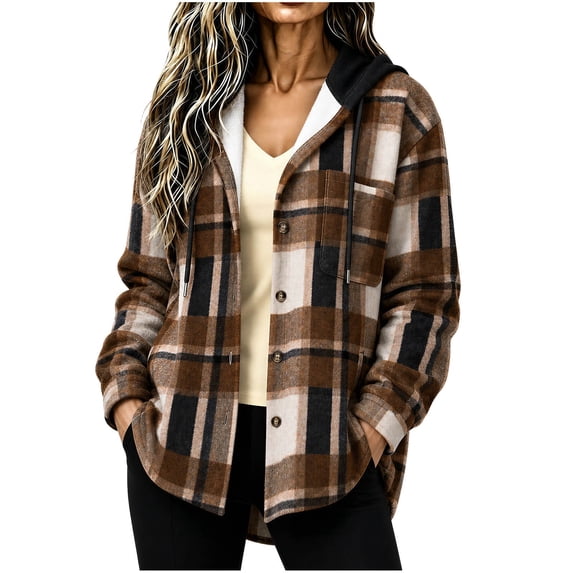 cocolona Womens Fleece Jackets Plaid Shacket Casual Long Sleeve Flannel Jacket Fall Winter Warm Hooded Coats with Pockets