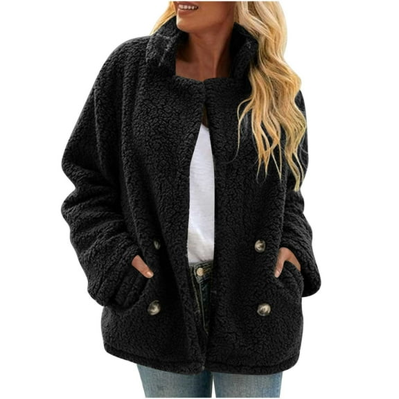 cocolona Womens Fleece Jackets Winter Long Sleeve Stand Collar Fuzzy Warm Coats Casual Loose Button Cardigan Sweater with Pocket