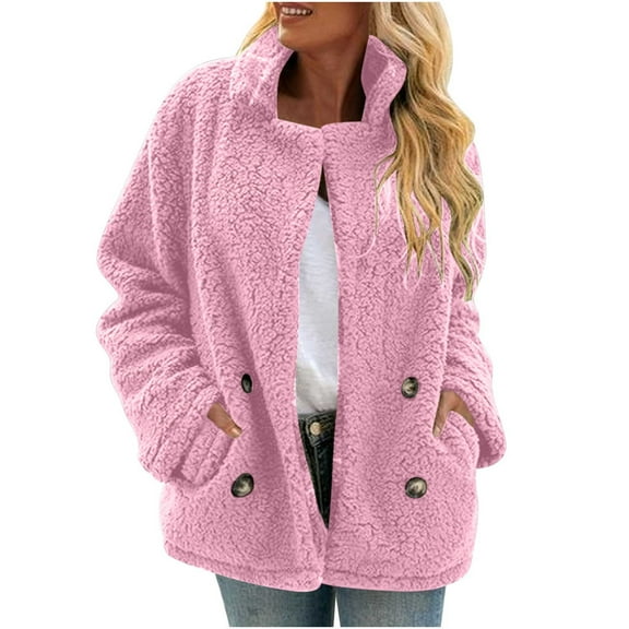 cocolona Womens Fleece Jackets Winter Long Sleeve Stand Collar Fuzzy Warm Coats Casual Loose Button Cardigan Sweater with Pocket