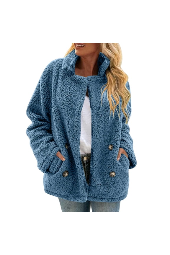 Womens Fleece Jackets Winter Long Sleeve Stand Collar Fuzzy Warm Coats Casual Loose Button Cardigan Sweater with Pocket