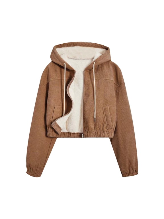 Womens Fleece Lined Corduroy Jackets Fall Long Sleeve Zip Up Hooded Cropped Jacket Winter Warm Outwear Coat with Pockets