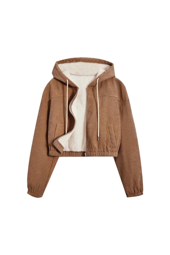 Womens Fleece Lined Corduroy Jackets Fall Long Sleeve Zip Up Hooded Cropped Jacket Winter Warm Outwear Coat with Pockets