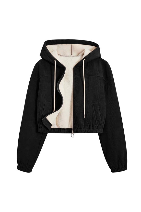 Womens Fleece Lined Corduroy Jackets Fall Long Sleeve Zip Up Hooded Cropped Jacket Winter Warm Outwear Coat with Pockets