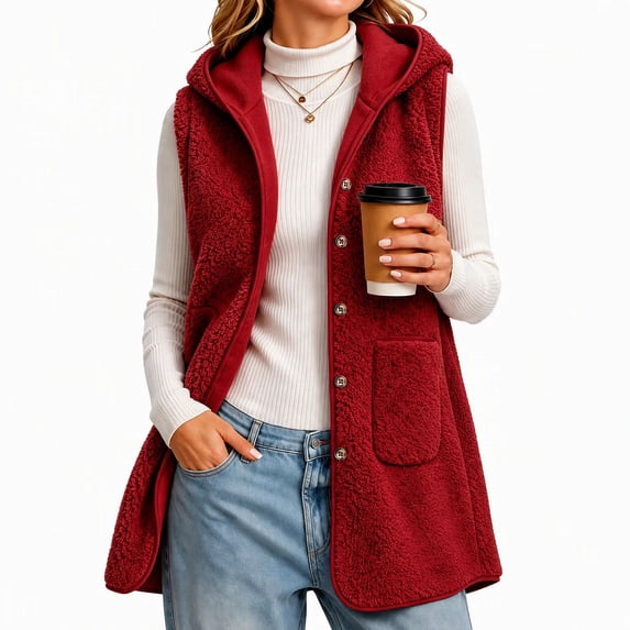 cocolona Womens Fleece Long Vest Hooded Button Down Sleeveless Sherpa Jacket Loose Casual Solid Color Fall Winter Outerwear