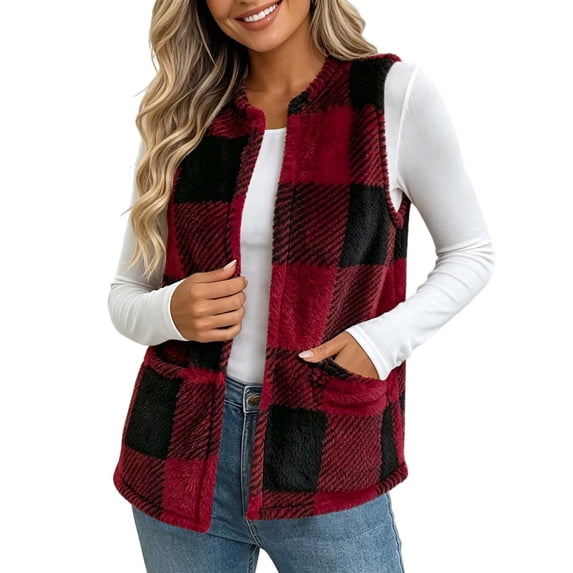 cocolona Womens Fleece Vest Crew Neck Open Front Sleeveless Jacket Fall Winter Loose Casual Plaid Outerwear