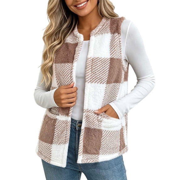 cocolona Womens Fleece Vest Crew Neck Open Front Sleeveless Jacket Fall Winter Loose Casual Plaid Outerwear
