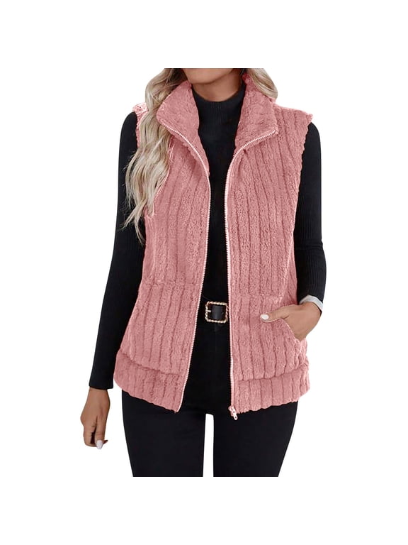 Womens Fleece Vest Winter Warm Sleeveless Zip Up Jackets Fashion Solid Color Outwear Coats with Pocket