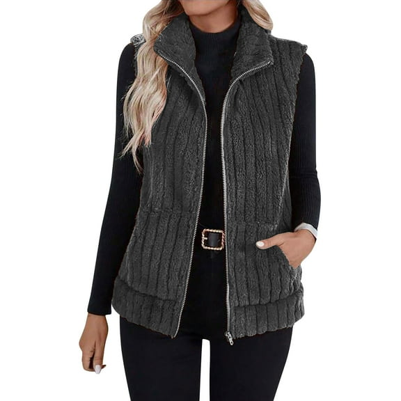 cocolona Womens Fleece Vest Winter Warm Sleeveless Zip Up Jackets Fashion Solid Color Outwear Coats with Pocket