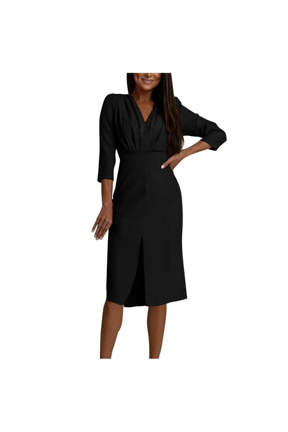 Womens Formal Dress Summer Casual V-Neck Fold 3/4 Sleeve Back Zipper Skirt Slit Midi Dress Office Cocktail Work Dress