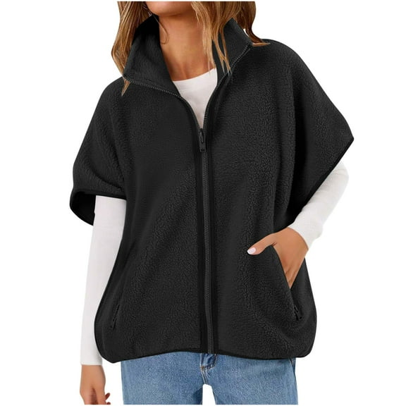 cocolona Womens Fuzzy Fleece Vest Short Sleeve Full Zip Stand Collar Jacket Winter Lightweight Warm Vest with Zipper Pocket