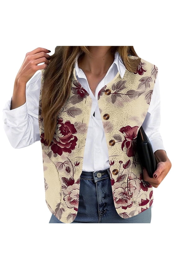Womens Fuzzy Fleece Vest Sleeveless Button Up Jacket Fall Winter Lightweight Casual Floral Print Cropped Cardigan Coat