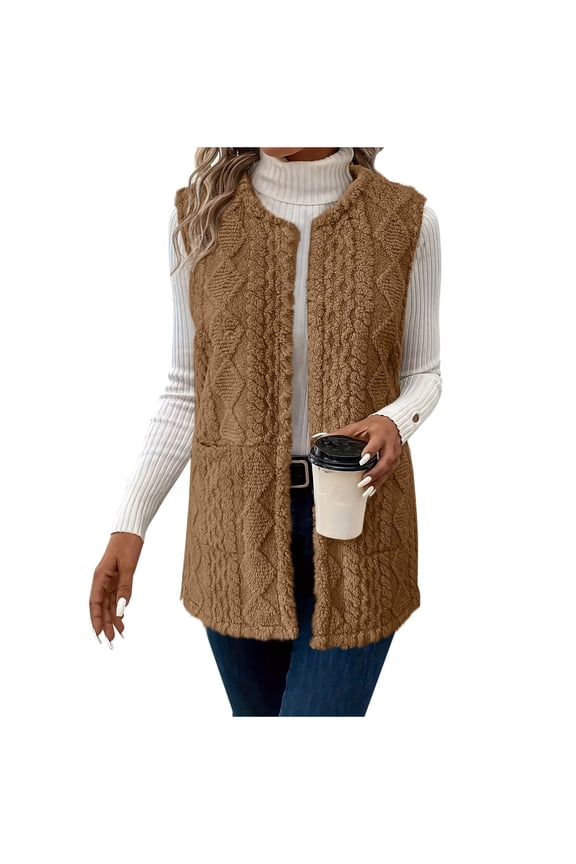 Womens Fuzzy Fleece Vest Sleeveless Crew Neck Jacket Fall Winter Lightweight Open Front Cardigan Coat with Pocket