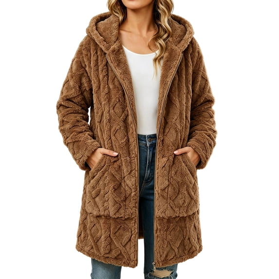 cocolona Womens Fuzzy Overcoat Hooded Long Sleeve Zipper Winter Long Jacket Solid Color Tunic Warm Outerwear with Pockets