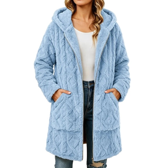 cocolona Womens Fuzzy Overcoat Hooded Long Sleeve Zipper Winter Long Jacket Solid Color Tunic Warm Outerwear with Pockets