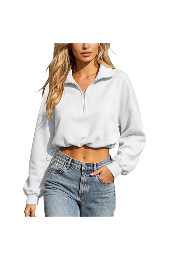 Womens Half Zip Cropped Pullover Sweatshirts Long Sleeve Drawstring Hem Solid Color Fall Tops