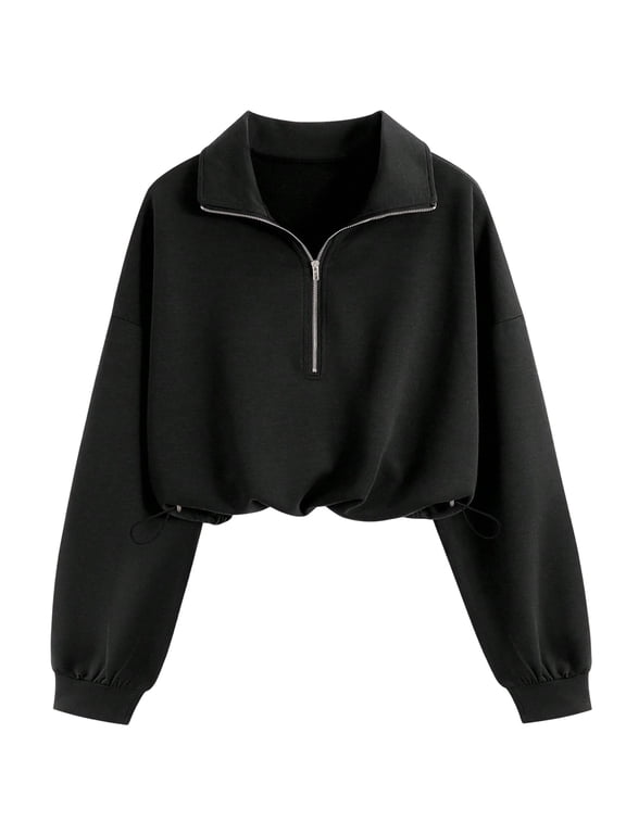 Womens Half Zip Cropped Sweatshirts Long Sleeve Drawstring Hem Solid Color Fall Pullover Casual Tops