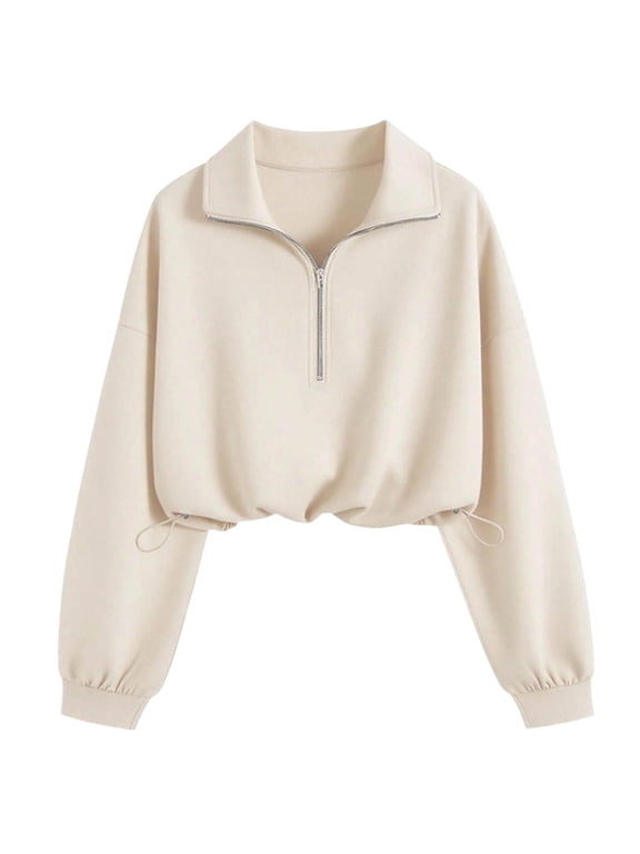 Womens Half Zip Cropped Sweatshirts Long Sleeve Drawstring Hem Solid Color Fall Pullover Casual Tops