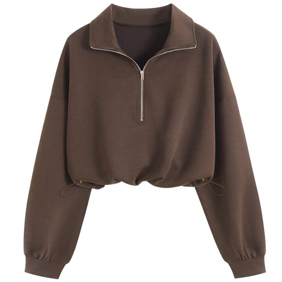 cocolona Womens Half Zip Cropped Sweatshirts Long Sleeve Drawstring Hem Solid Color Fall Pullover Casual Tops
