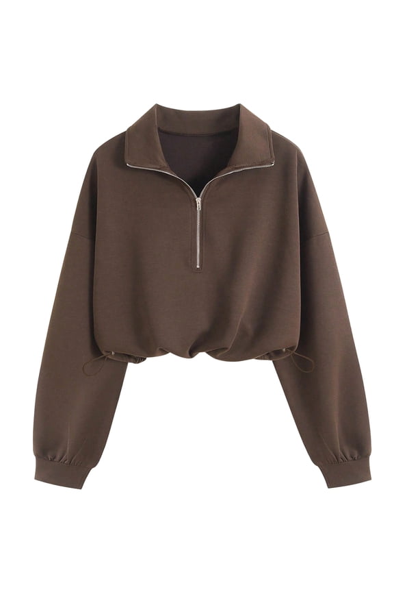 Womens Half Zip Cropped Sweatshirts Long Sleeve Drawstring Hem Solid Color Fall Pullover Casual Tops