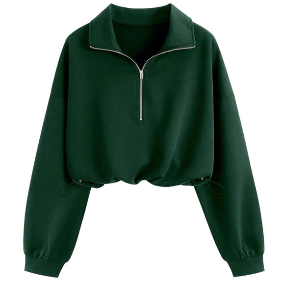 cocolona Womens Half Zip Cropped Sweatshirts Long Sleeve Drawstring Hem Solid Color Fall Pullover Casual Tops