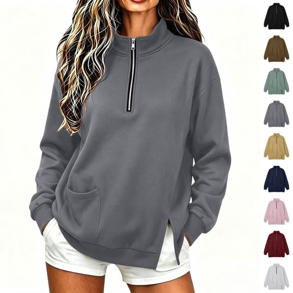 cocolona Womens Half Zip Pullover Sweatshirts Casual Long Sleeve Stand Collar Shirts Workout Loose Solid Color Tops