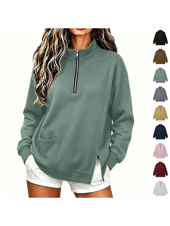 Womens Half Zip Pullover Sweatshirts Casual Long Sleeve Stand Collar Shirts Workout Loose Solid Color Tops