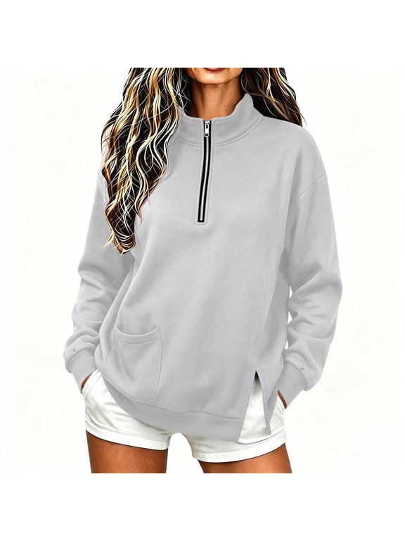 Womens Half Zip Pullover Sweatshirts Casual Long Sleeve Stand Collar Shirts Workout Loose Solid Color Tops