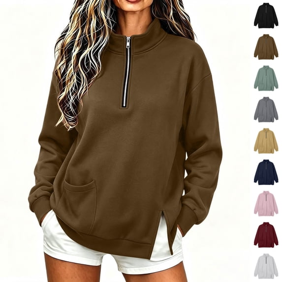 cocolona Womens Half Zip Pullover Sweatshirts Casual Long Sleeve Stand Collar Shirts Workout Loose Solid Color Tops