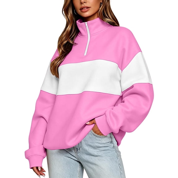 cocolona Womens Half Zip Pullover Sweatshirts Color Block Striped Long Sleeve Oversize Trendy Casual Fall Tops