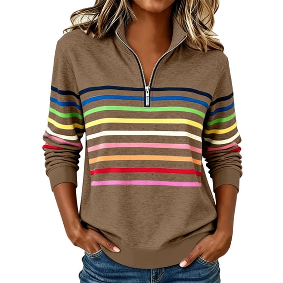 cocolona Womens Half Zipper Striped Sweatshirt Collared Long Sleeve Casual Lightweight Pullover Fall Tops