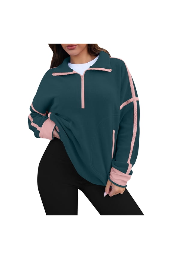 Womens Half Zipper Turtleneck Sweatshirts Fall Winter Fleece Warm Sweaters Fashion Casual Loose Color Block Pullover Tops